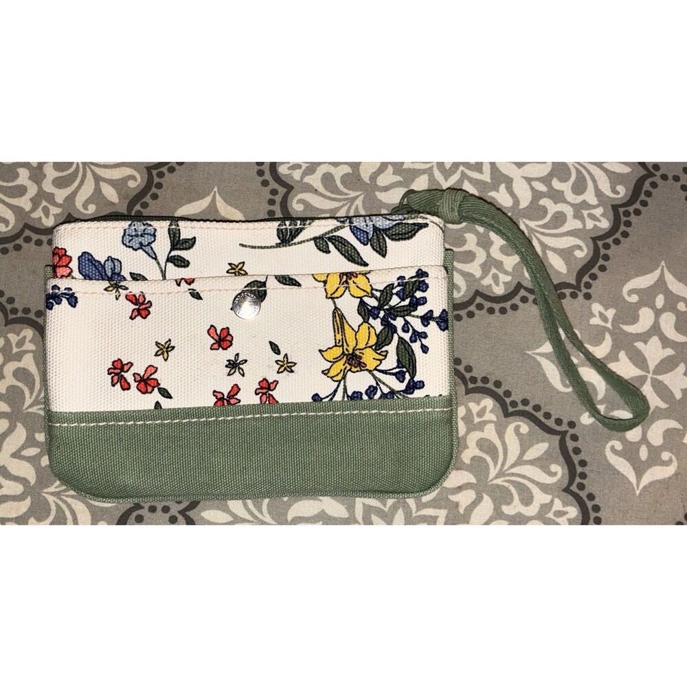 Lands End Small Canvas Wristlet Floral Print Sage Green Zip Top GUC